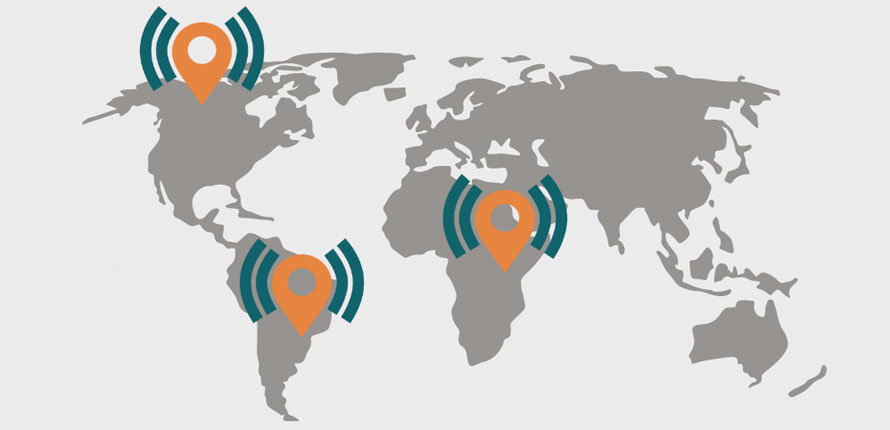 map of the world with sound symbols in northern Canada, South America and Africa